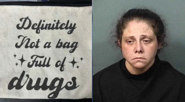 Teryn Acri mugshot and a bag labeled 'Definitely Not A Bag Full Of Drugs'