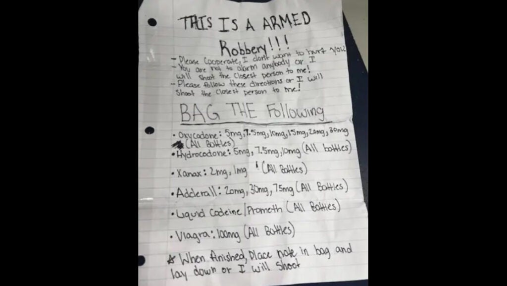 note written during robbery of pharmacy